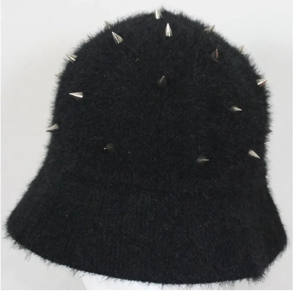 Faux Fur Studded Spiked Goth Punk Womens Bucket Hat Size Small